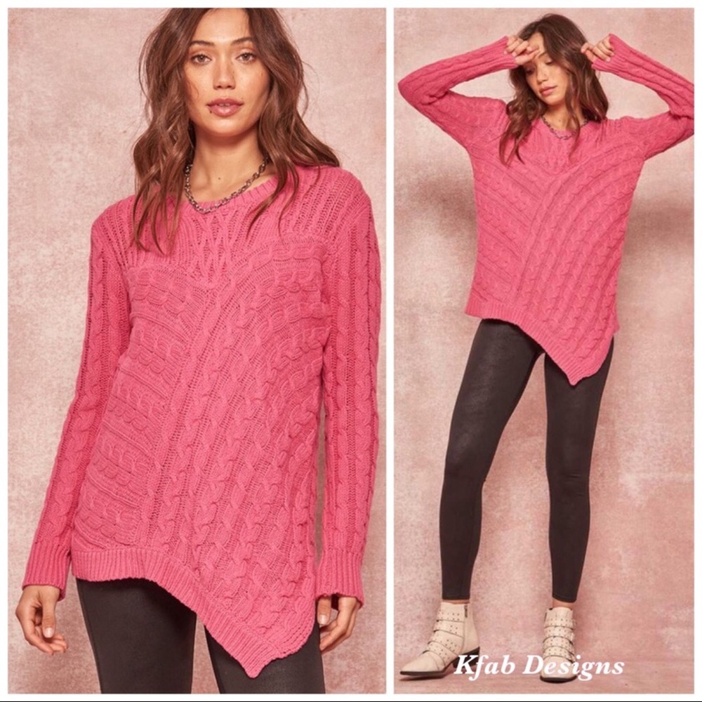 Pink Asymmetrical Cable Knit Sweater